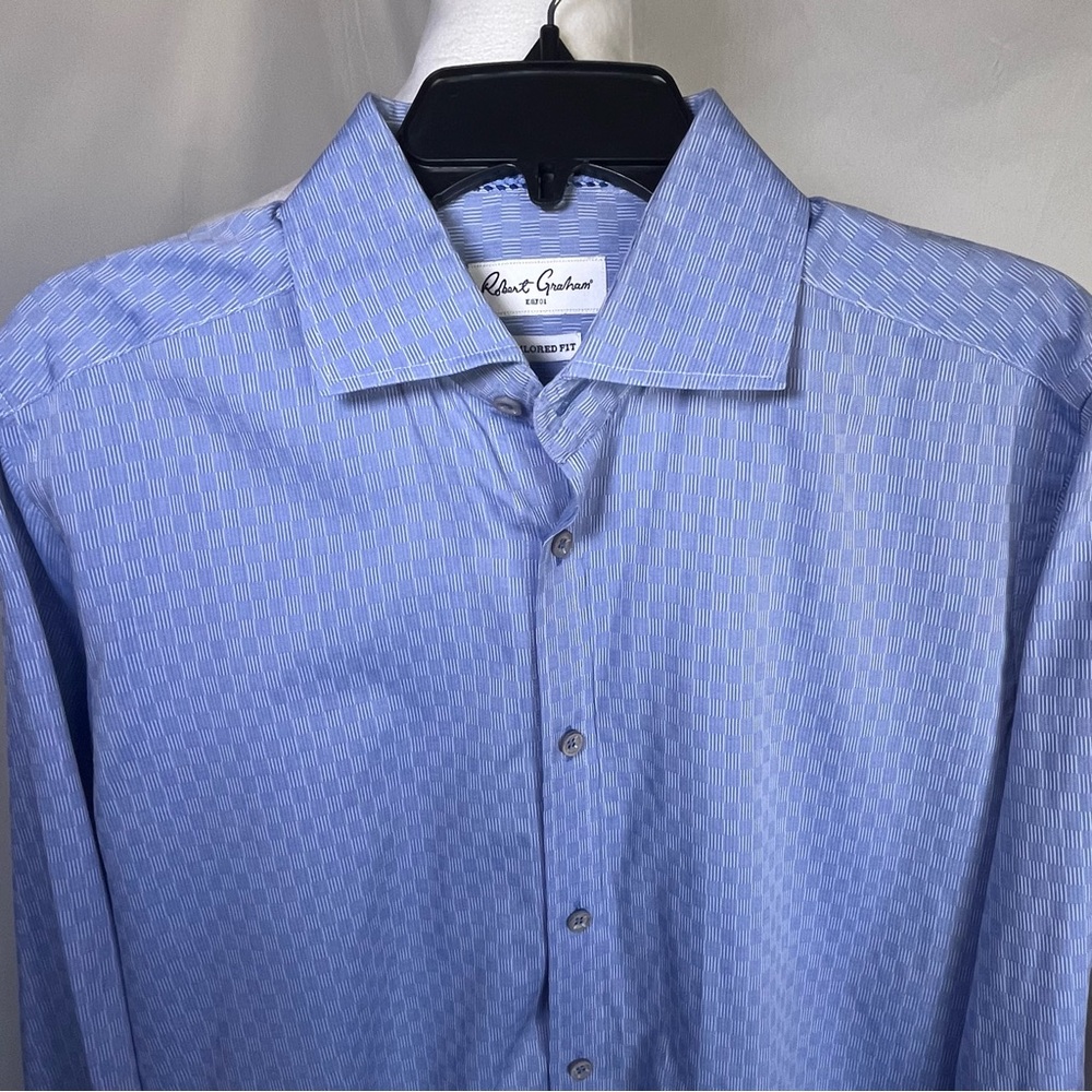 Robert Graham Tailored Fit Dress Shirt Light Blue Checkerboard Pattern 41/16